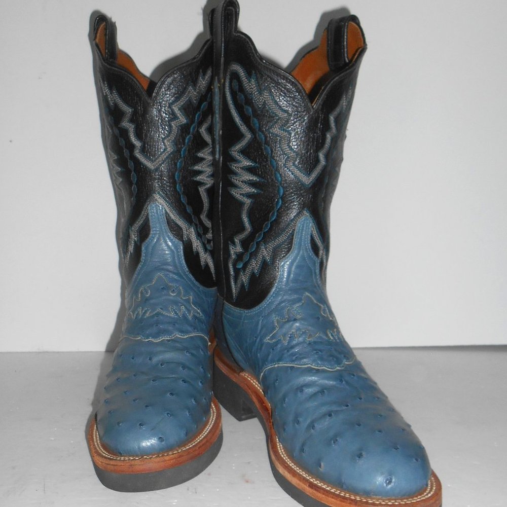 Lucchese 2000 Blue/Gray & Black Full Quill Ostrich Crepe Sole Boots Size 7.5 B